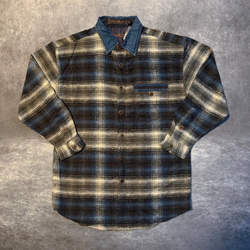VTG Fryday Club by NRK Flannel Shirt Mens XL Blue Black Plaid Denim Collar NWOT